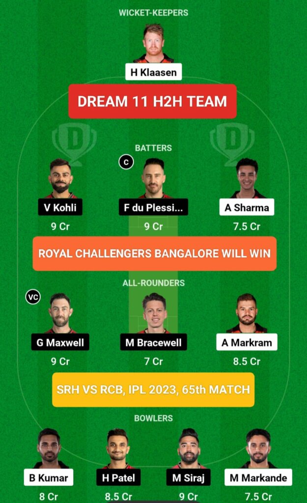 SRH vs RCB Dream11 Team Prediction