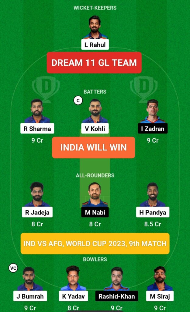 IND vs AFG Cricket World Cup 9th Match GL Team