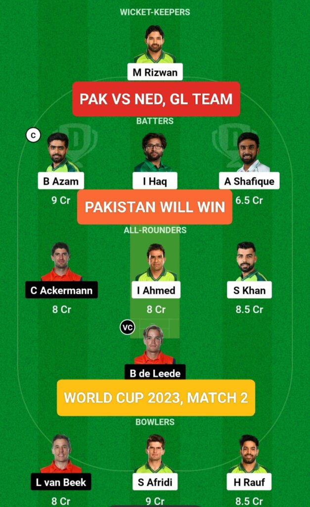 PAK vs NED Cricket World Cup 2nd Match GL Team
