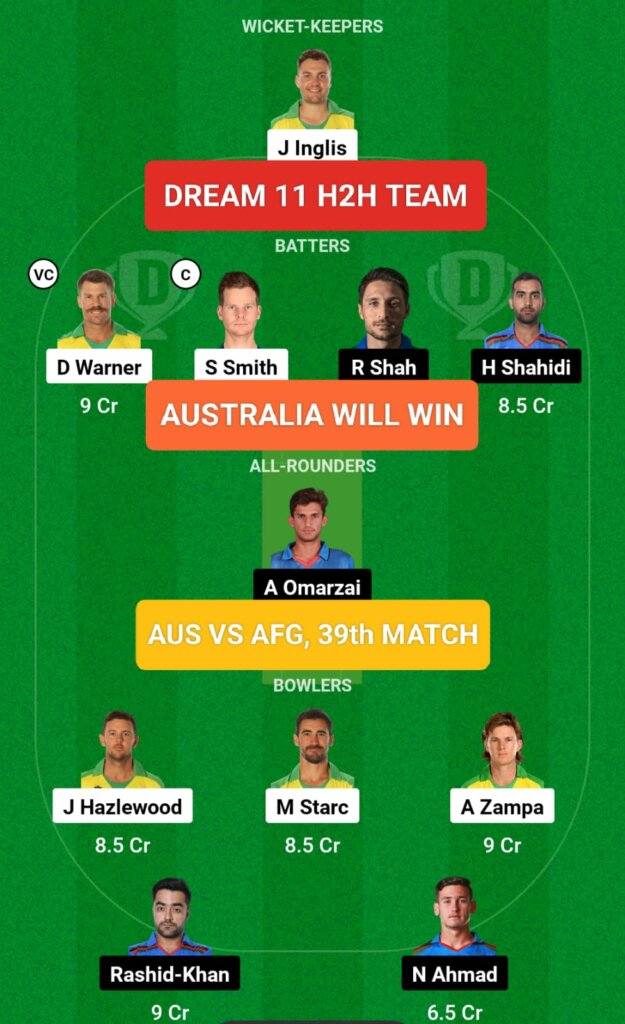 AUS vs AFG Cricket World Cup 39th Match H2H Team