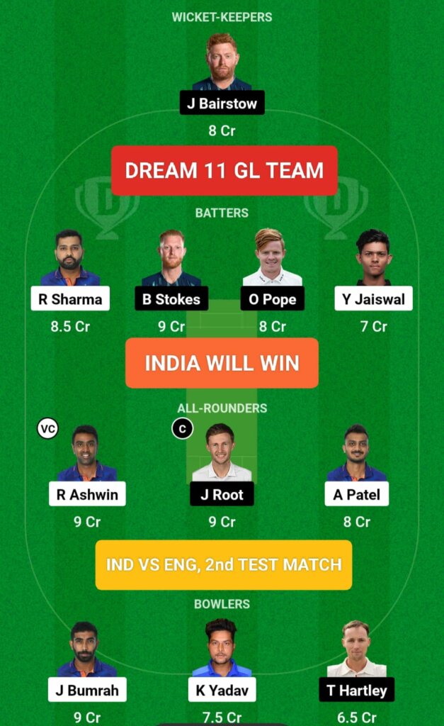 IND vs ENG Dream 11 GL Team Prediction: