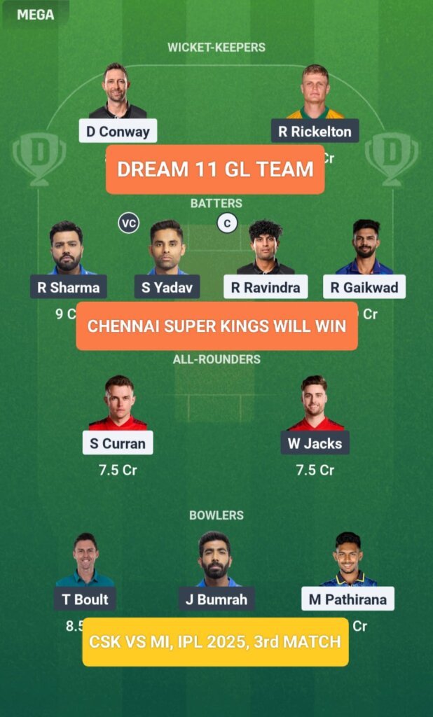 MI vs CSK IPL 2025 3rd Match Dream 11 Prediction GL Team