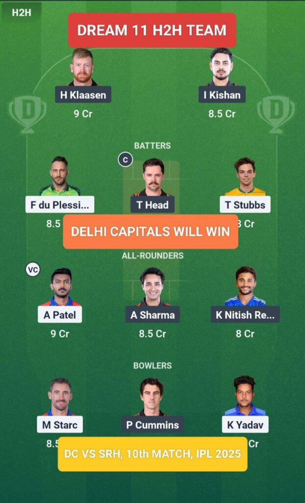 DC vs SRH Dream 11 Prediction H2H Team IPL 2025 10th Match