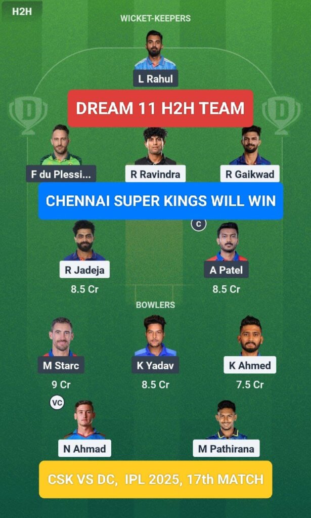 CSK vs DC Dream 11 Prediction H2H Team IPL 2025 17th Match