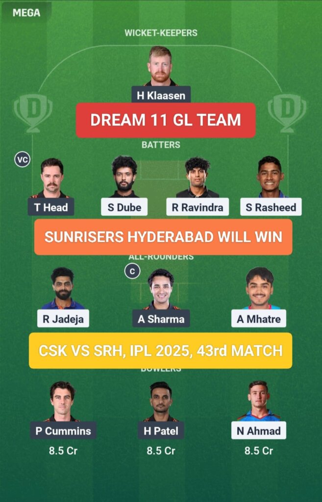 CSK vs SRH Dream 11 Prediction GL Team IPL 2025 43rd Match
