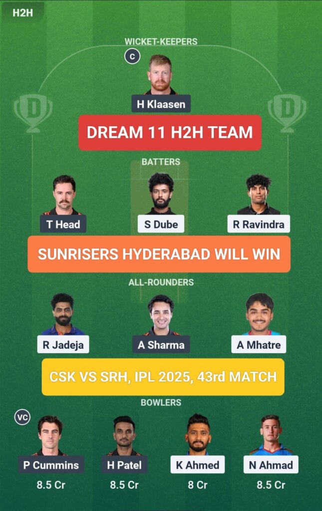 CSK vs SRH Dream 11 Prediction H2H Team IPL 2025 43rd Match