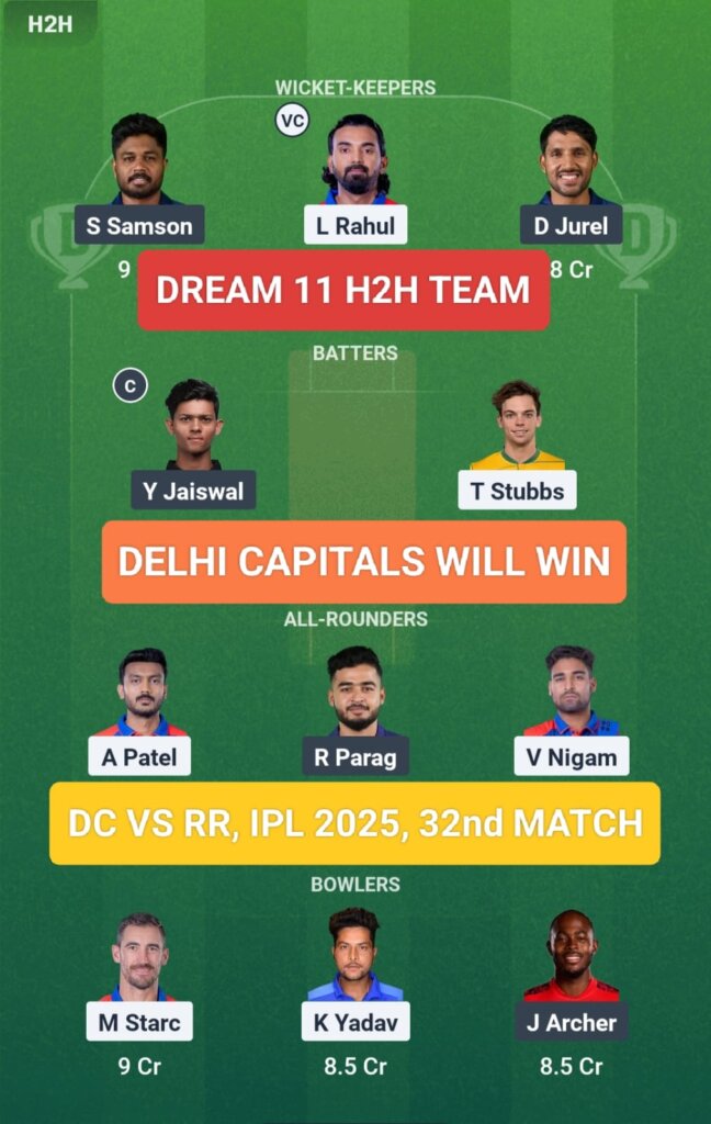 DC vs RR Dream 11 Prediction H2H Team IPL 2025 32nd Match