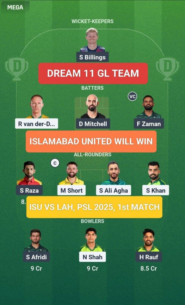 ISU vs LAH Dream 11 Prediction GL Team PSL 2025 1st Match