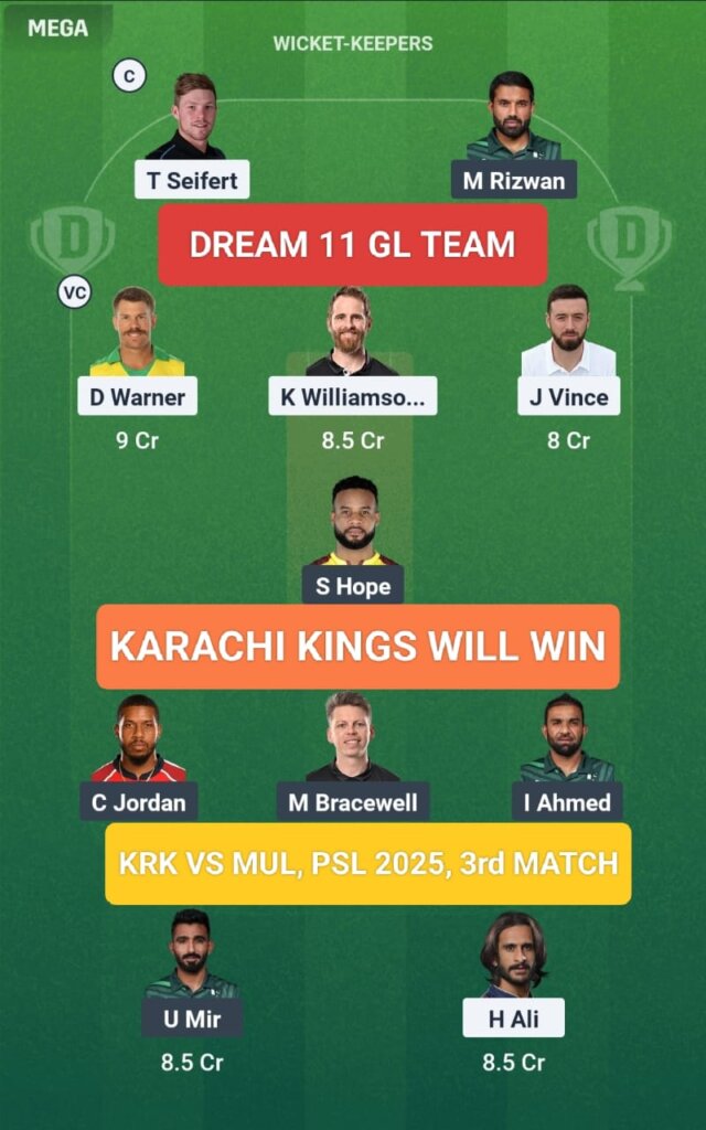 KRK vs MUL Dream 11 Prediction GL Team PSL 2025 3rd Match