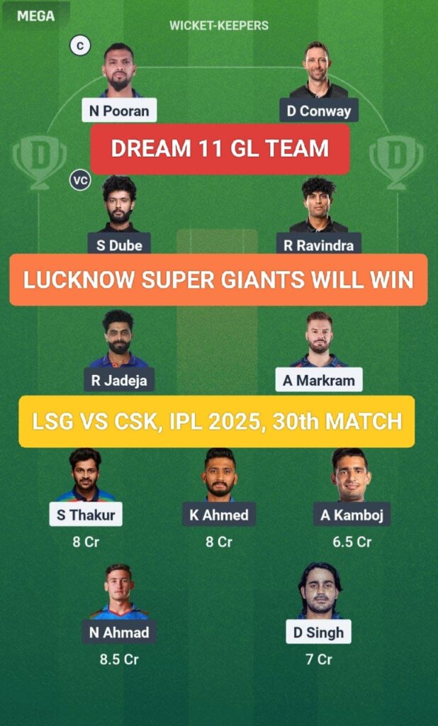 LSG vs CSK Dream 11 Prediction GL Team IPL 2025 30th Match