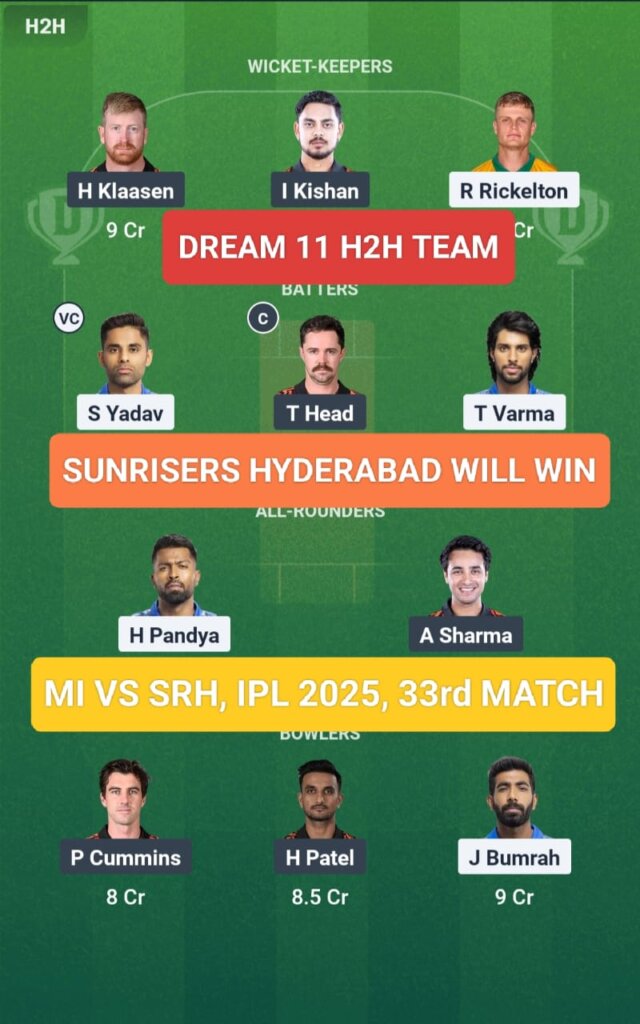 MI vs SRH Dream 11 Prediction H2H Team IPL 2025 33rd Match