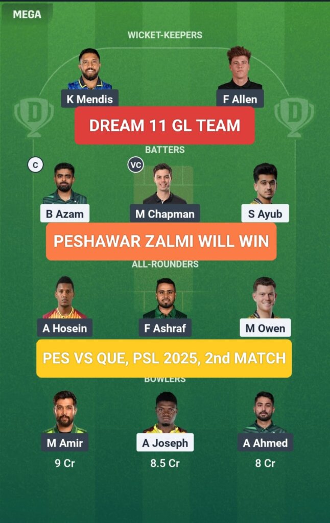 PES vs QUE Dream 11 Prediction GL Team PSL 2025 2nd Match