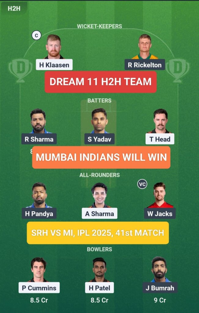 SRH vs MI Dream 11 Prediction H2H Team IPL 2025 41st Match